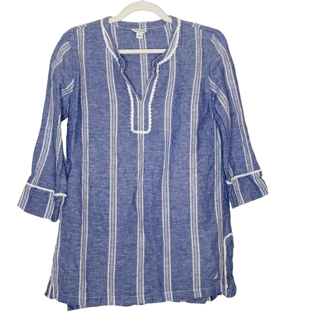 NAUTICA linen/cotton blend tunic top. Blue with white stripes. Size S
